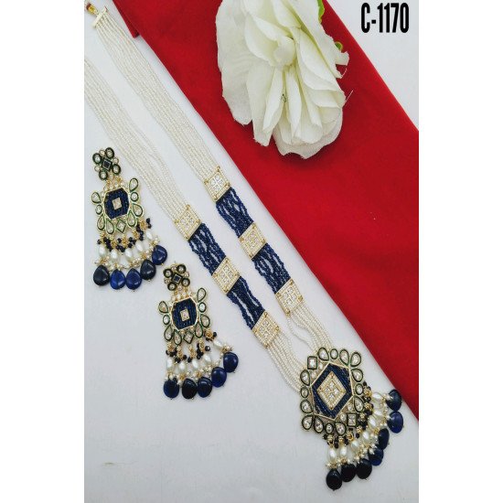 Green Mint Kundan Square Pendant Pearl Beaded Necklace Set