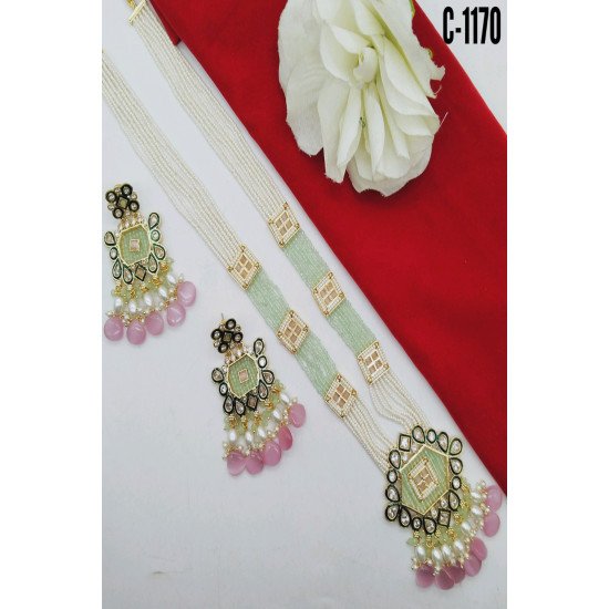 Green Mint Kundan Square Pendant Pearl Beaded Necklace Set