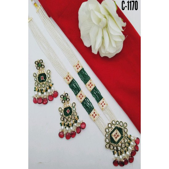 Green Mint Kundan Square Pendant Pearl Beaded Necklace Set