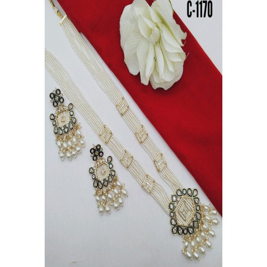 Green Mint Kundan Square Pendant Pearl Beaded Necklace Set