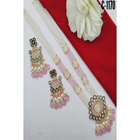 Green Mint Kundan Square Pendant Pearl Beaded Necklace Set