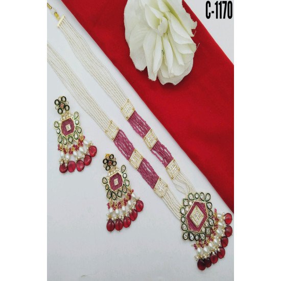Green Mint Kundan Square Pendant Pearl Beaded Necklace Set