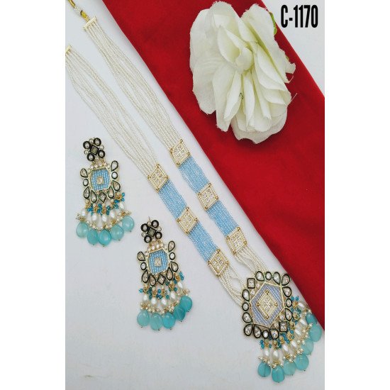 Green Mint Kundan Square Pendant Pearl Beaded Necklace Set