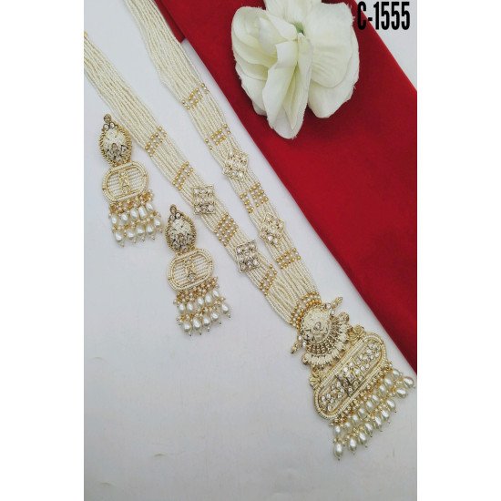Elegant Pearl Beaded Temple Pendant Long Necklace Set