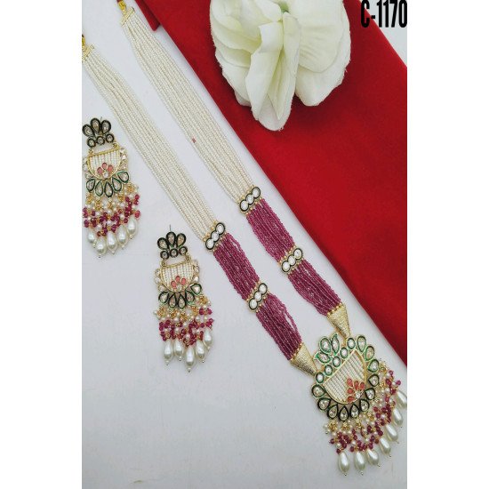 Multicolor Meenakari Long Pendant Necklace Set with Pearl Drops