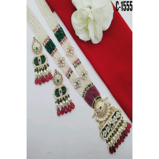 Elegant Pearl Beaded Temple Pendant Long Necklace Set