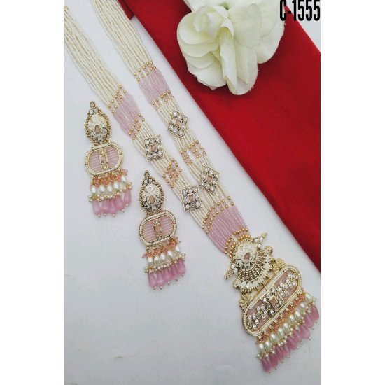 Elegant Pearl Beaded Temple Pendant Long Necklace Set
