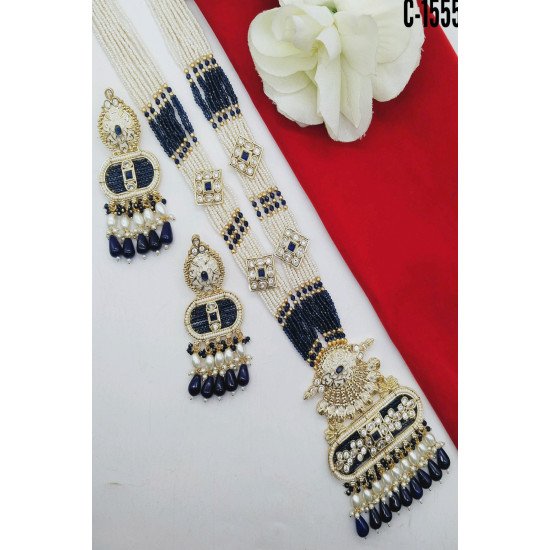 Elegant Pearl Beaded Temple Pendant Long Necklace Set