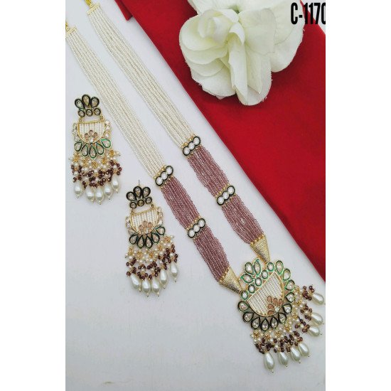 Multicolor Meenakari Long Pendant Necklace Set with Pearl Drops