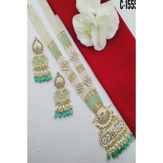 Elegant Pearl Beaded Temple Pendant Long Necklace Set