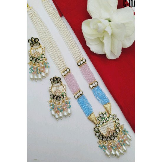 Multicolor Meenakari Long Pendant Necklace Set with Pearl Drops