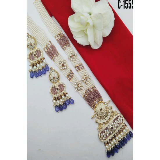 Elegant Pearl Beaded Temple Pendant Long Necklace Set