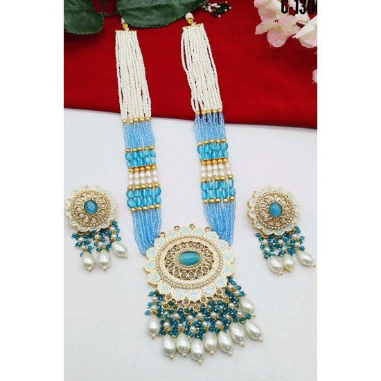 Turquoise Blue Beaded Kundan Long Necklace Set with Earrings