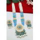 Turquoise Blue Beaded Kundan Long Necklace Set with Earrings