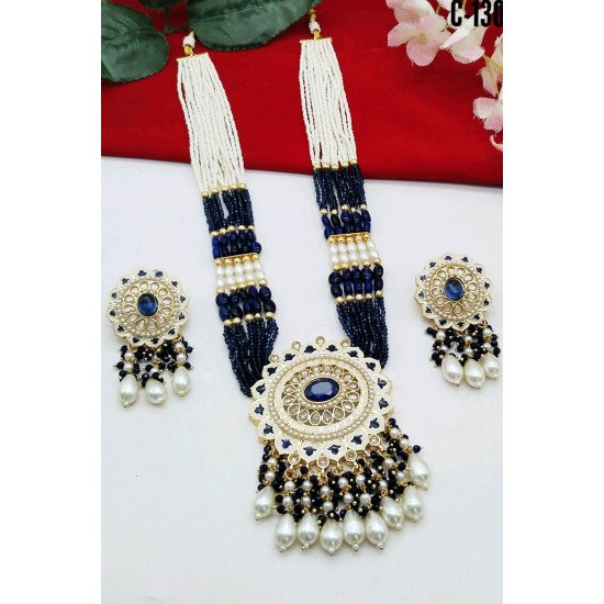 Turquoise Blue Beaded Kundan Long Necklace Set with Earrings
