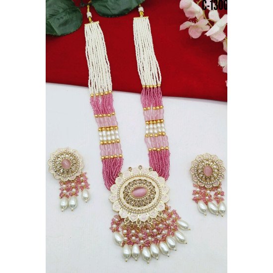 Turquoise Blue Beaded Kundan Long Necklace Set with Earrings