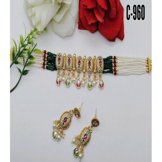 Traditional Kundan Choker Necklace Set with Multicolor Pearl Beads