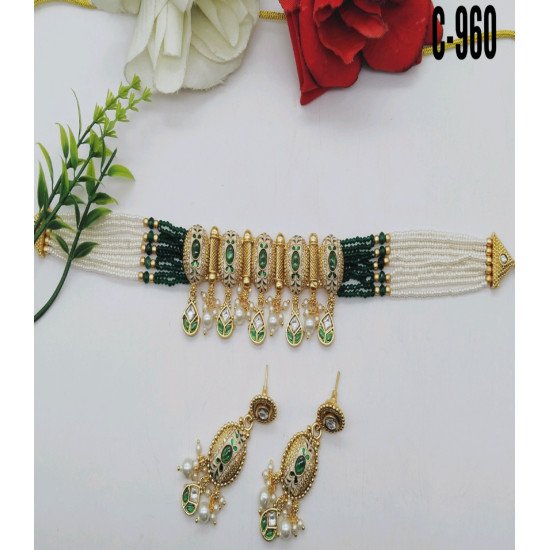 Designer Green Traditional Kundan Choker Necklace Set with Pearl Beads 