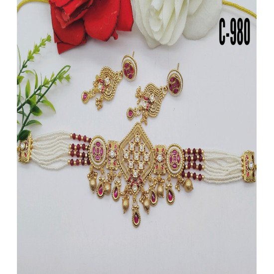Antique Kundan & Ruby Stone Choker Necklace Set with Pearl Beads
