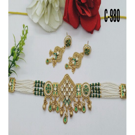 Antique Green Kundan & Ruby Stone Choker Necklace Set with Pearl Beads