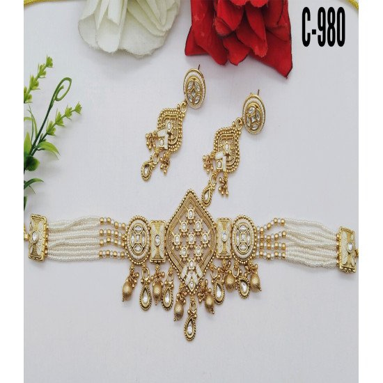 Designer White Kundan & Ruby Stone Choker Necklace Set with Pearl Beads