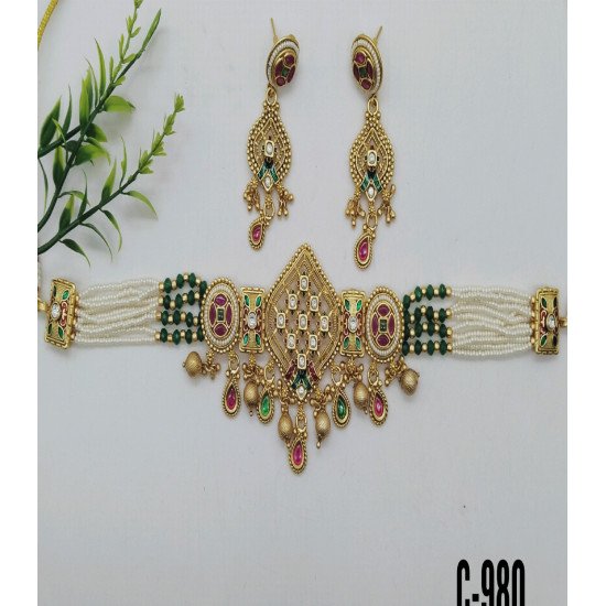 Antique MultiColor Kundan & Ruby Stone Choker Necklace Set with Pearl Beads 