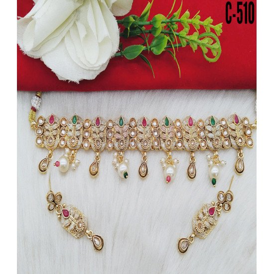 Multicolor Kundan Pearl Choker Necklace Set with Drop Earrings