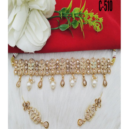 Golden Kundan Pearl Choker Necklace Set with Drop Earrings