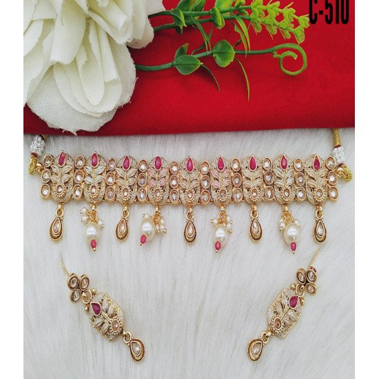 Designer Kundan Pearl Choker Necklace Set with Drop Earrings 