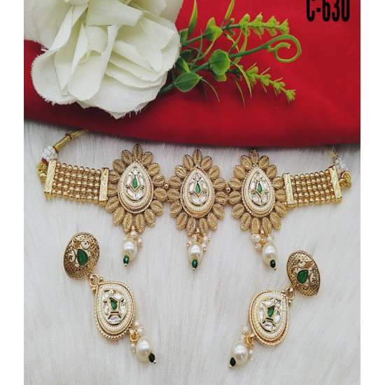 Antique Gold Plated Green Choker Set with Pearl Drops