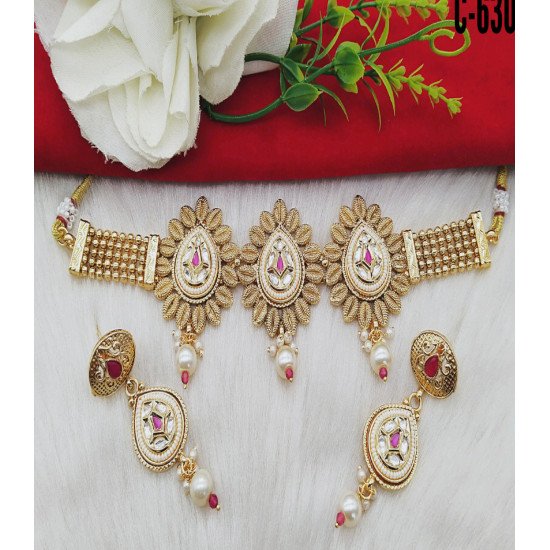 Antique Gold Plated Choker Pink Set with Pearl Drops