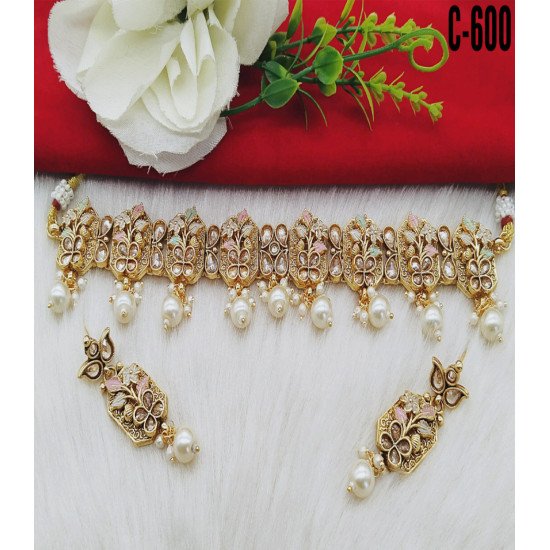 Designer White Floral Choker Set with Pearls
