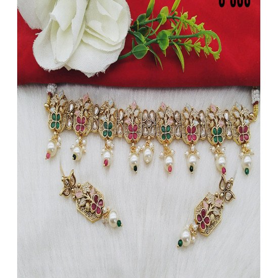 Designer Dual Color Floral Choker Set with Pearls 