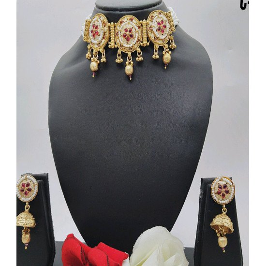 Antique Gold Choker Set with Pearl Drops