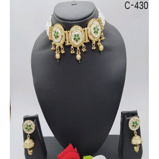 Antique Gold Choker Set with Pearl Green Drops