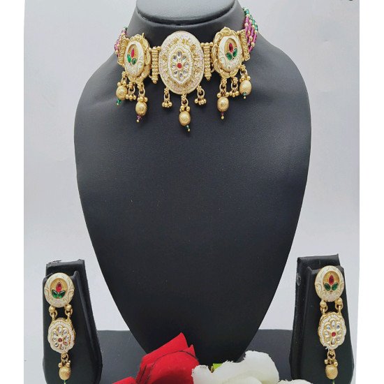 MultiColor Antique Gold Choker Set with Pearl Drops