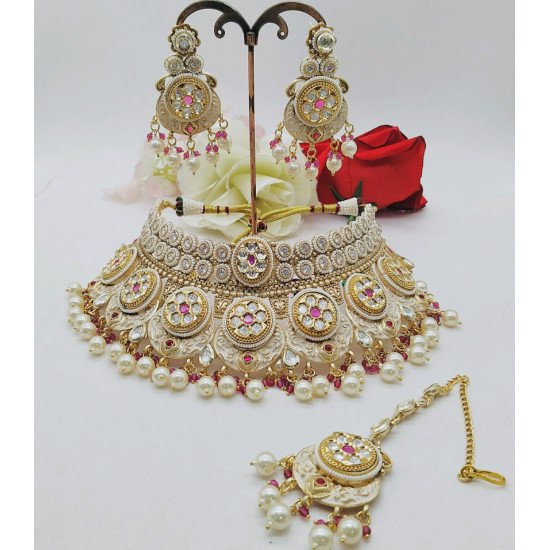 Bridal Kundan Choker Necklace Set with Pearls & Meenakari