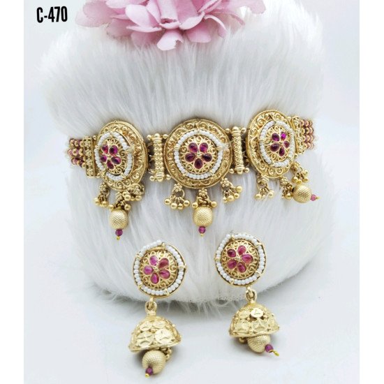 Elegant Pink Polki Necklace Set – Champagne Gold