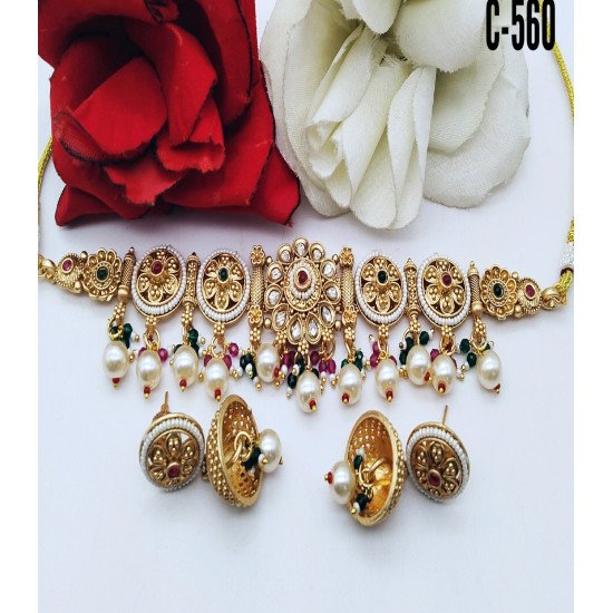 Antique Kundan Pearl Bridal Choker Set with Jhumka Earrings