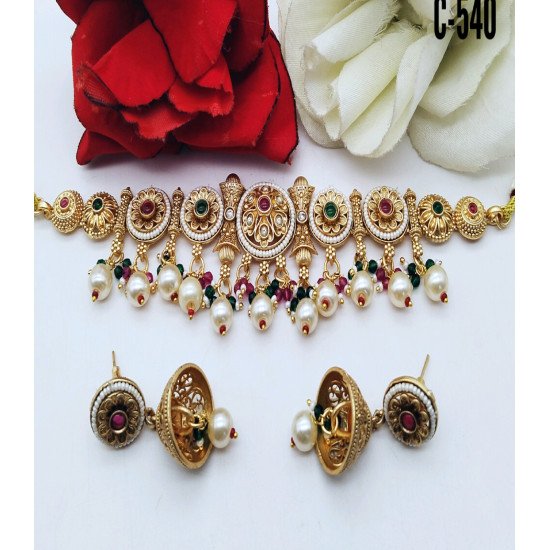 Classic Gold-Toned Round Kundan Bridal Choker with Pearl Drops