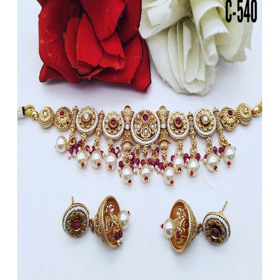 Classic Gold-Toned Dual Color Round Kundan Bridal Choker with Pearl Drops