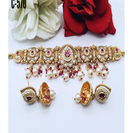 Designer Pink Antique Kundan Pearl Bridal Choker Set with Jhumka Earrings