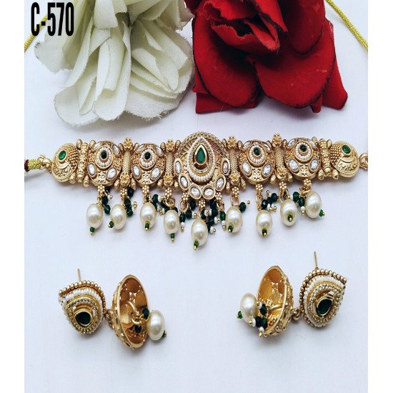 Designer Green Antique Kundan Pearl Bridal Choker Set with Jhumka Earrings