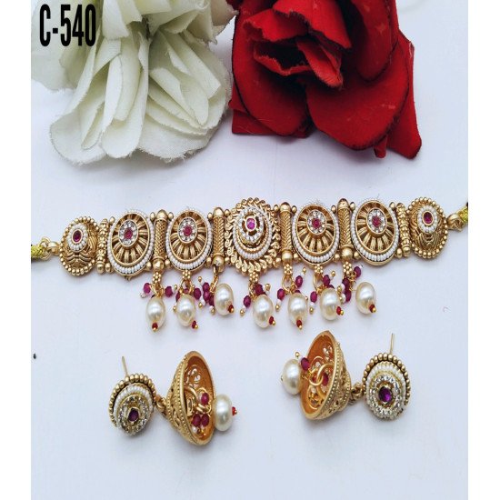 Designer Rani Antique Gold Plated Choker Set with Pearl & Ruby Beads