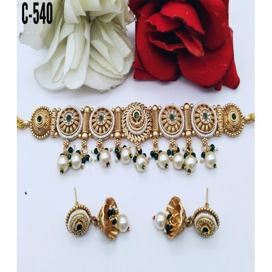 Designer Green Antique Gold Plated Choker Set with Pearl & Ruby Beads