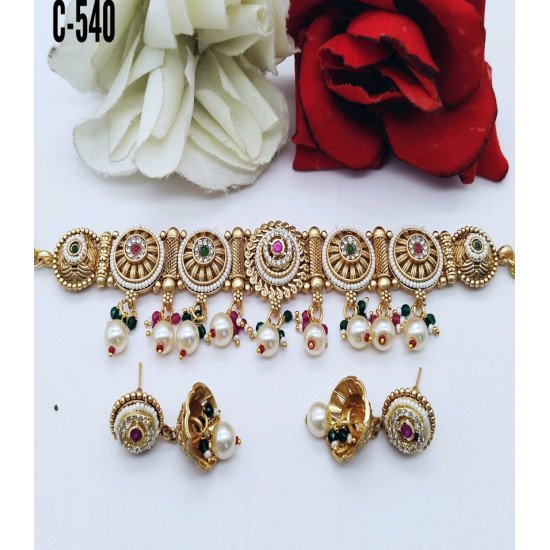 Antique Dual Color Gold Plated Choker Set with Pearl & Ruby Beads