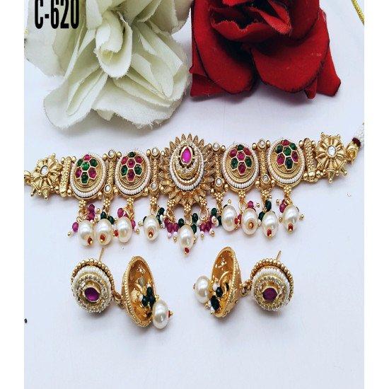 Traditional Multi-Stone Choker Set with Pearls & Kundan Work