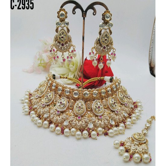 Premium Kundan Pearl Bridal Choker Set with Earrings & Maang Tikka