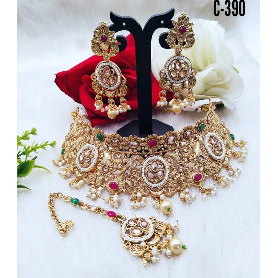 Heavy Bridal Dual Color Kundan Choker Set with Maang Tikka – Antique Finish