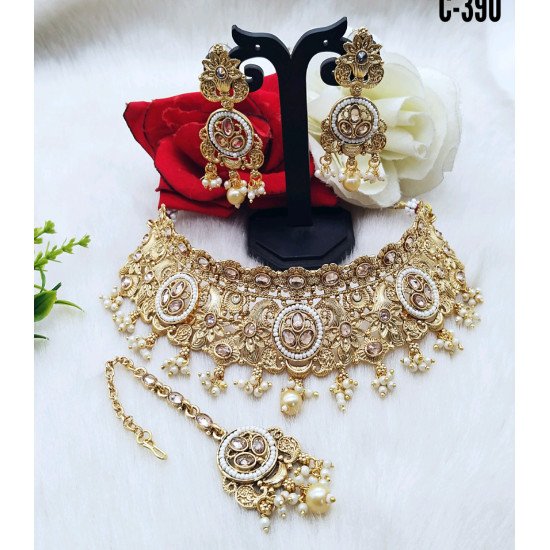 Diamond-Cut American Diamond Bridal Necklace Set – Gold Finish